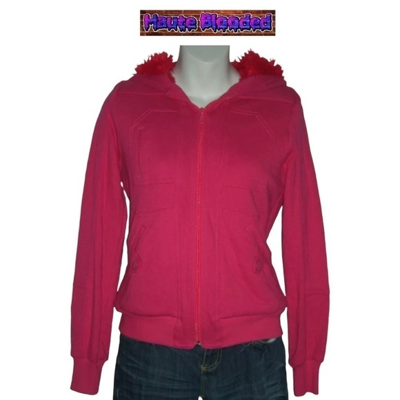 Marc By Marc Jacobs Bright Pink Hoodie W/ Red Faux Fur Lining Warm Sweatshirt S - Picture 1 of 13